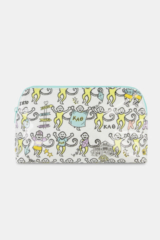 Show your Kappa Alpha Theta pride with the Roller Rabbit Kappa Alpha Theta Monkey Makeup Bag—a zippered bag featuring a playful pattern of cartoon monkeys, Greek letters, stars, and vibrant yellow, purple, and teal illustrations on a white background. Perfect as a Sorority Gift or for everyday use!.