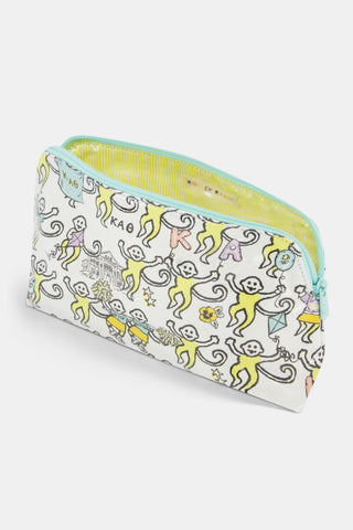 Show your Kappa Alpha Theta pride with the Roller Rabbit Kappa Alpha Theta Monkey Makeup Bag—a zippered bag featuring a playful pattern of cartoon monkeys, Greek letters, stars, and vibrant yellow, purple, and teal illustrations on a white background. Perfect as a Sorority Gift or for everyday use!.