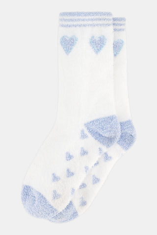 BETTEX Hearts Slipper Socks, white plush with blue heart patterns and matching blue heels and toes.