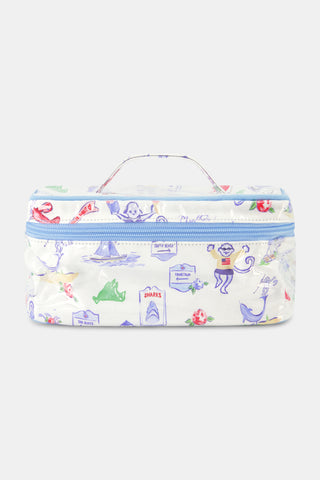 A rectangular fabric zip pouch with a handle, adorned with playful blue and red illustrations of animals, signs, and flowers on a white background.