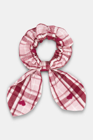 SAPPHIRE Plaid Hearts Bow Scrunchie in red and white with two hanging tails and small heart patterns.