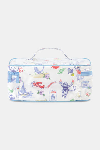 The Roller Rabbit Monkey On The Vineyard Carry All Case is a rectangular white bag featuring playful, colorful illustrations of animals, flowers, signs, and whimsical objects. Designed with a light blue zipper and handle, this water-resistant toiletry bag is both practical and charming for everyday use.