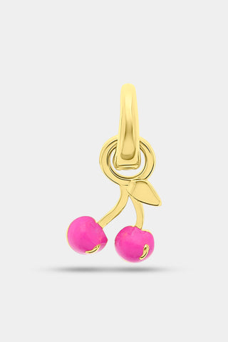 The Roller Rabbit Enamel Cherry Charm showcases two red and gold enamel cherries with a small gold-toned leaf, all crafted from brass, suspended from a circular gold loop and displayed against a plain white background.