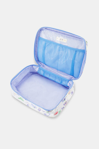 The Roller Rabbit Monkey On The Vineyard Carry All Case is a rectangular white bag featuring playful, colorful illustrations of animals, flowers, signs, and whimsical objects. Designed with a light blue zipper and handle, this water-resistant toiletry bag is both practical and charming for everyday use.
