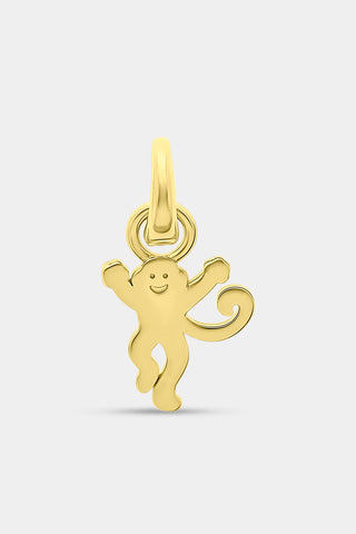 The Roller Rabbit Monkey Charm is a delightful gold accessory shaped like a smiling, cartoon-style monkey with raised arms and a curled tail, complete with a loop for hanging—an adorable addition to your brass jewelry collection.