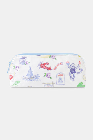 Rectangular white pencil pouch with blue zipper, decorated with colorful whimsical drawings including a monkey, a sailboat, a red lizard, purple flowers, and playful food-themed signs against a plain light background.