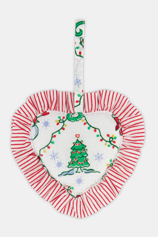 SAPPHIRE Deck The Halls Ruffle Heart Ornament featuring a red and white striped ruffled edge, decorated with an illustrated Christmas tree and holiday lights.