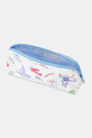 The Monkey On The Vineyard Makeup Bag by Roller Rabbit is a white zippered cotton canvas bag featuring pastel illustrations—including a sailboat, a lobster, flowers, small framed drawings, and a purple monkey holding pink ice creams—set against a light background.