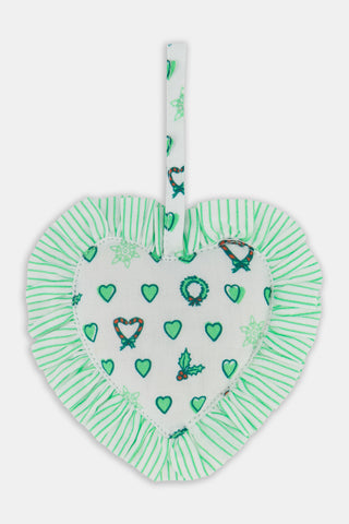 The SAPPHIRE Candy Cane Hearts Ruffle Heart Ornament is a heart-shaped fabric ornament with festive green holiday-themed designs, including holly, wreaths, hearts, candy cane hearts, and snowflakes. It features a ruffled edge and a loop for easy hanging.
