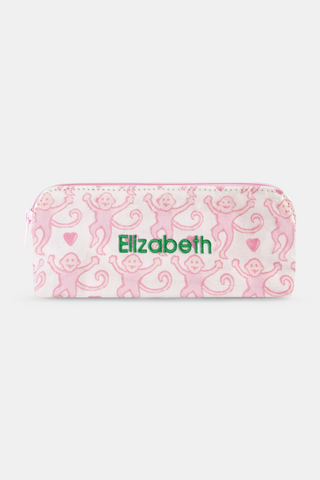 The Lovely Monkey Makeup Bag is a white cotton canvas pouch with a zipper, featuring pink monkeys with curled tails and tiny hearts. Water-resistant, cute, and practical—perfect for everyday use.