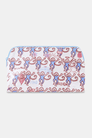 The Pi Beta Phi Monkey Makeup Bag by Roller Rabbit is a rectangular makeup bag with a zipper, adorned with a playful pattern of red and blue monkeys and Cyrillic text on a light background.
