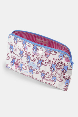 The Pi Beta Phi Monkey Makeup Bag by Roller Rabbit is a rectangular makeup bag with a zipper, adorned with a playful pattern of red and blue monkeys and Cyrillic text on a light background.