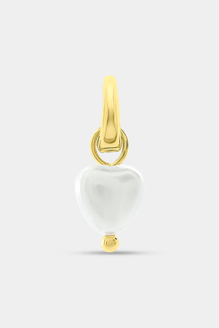 The Roller Rabbit Pearl Heart Charm is a gold pendant showcasing a heart-shaped pearl charm accented with a small gold bead at the bottom, photographed against a plain light gray background.