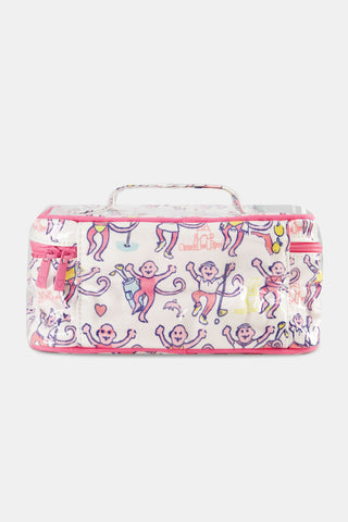 The Palm Beach Monkey Carry All Case is a rectangular cotton canvas bag with a handle and zip closure, featuring playful pink monkey illustrations and whimsical details on a water-resistant white background.