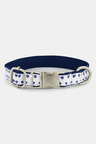 FANFAB Hearts Dog Collar featuring a white webbing strap with a blue heart pattern, navy blue backing, and silver-toned metal hardware.