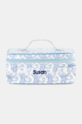 The Lovely Monkey Carry All Case by Roller Rabbit is a rectangular, water-resistant zippered bag with handle, featuring a blue and white monkeys-and-hearts design—ideal for carrying your essentials on the go.