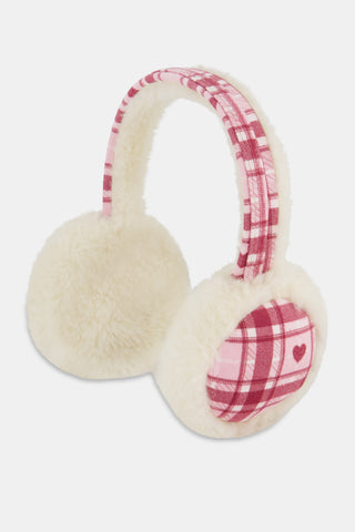 A person wearing LUHE Plaid Hearts Earmuffs in a cozy pink and white plaid pattern with heart details.