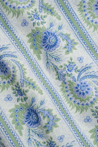 The Provencal Stripe Bristol Dress by Roller Rabbit features a blue and green floral pattern with diagonal stripes on a white background, adding texture—perfect as a cotton flax linen maxi or summer dress.