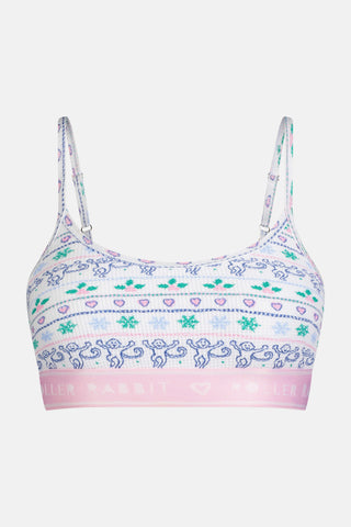 A Snowday Stripe Sarah Scoop Bralette featuring a print of monkeys, holly, and hearts, with a pink elastic band labeled RABBIT HEART ROLLER.