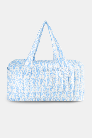 The Roller Rabbit Lovely Monkey Quilted Weekender is a rectangular travel bag with two handles, crafted from nylon, and features a white background with a light blue abstract swirl pattern.