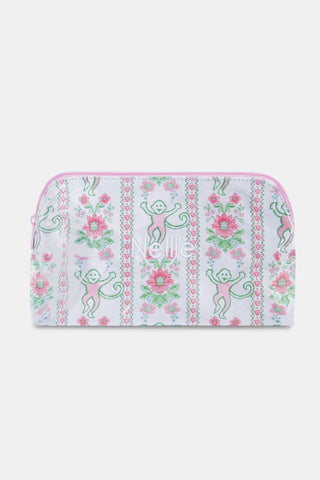 The Roller Rabbit Monkey Block Stripe Makeup Bag is a white zippered pouch with pink trim, decorated with playful pink and green flowers, hearts, and monkeys for a whimsical touch.