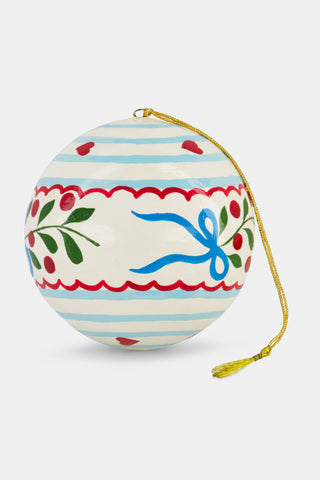 MARTSCRAFTS Mistletoe Stripe ornament featuring horizontal blue stripes, red scalloped borders, and painted sprigs of mistletoe with a blue ribbon, suspended by a gold cord.