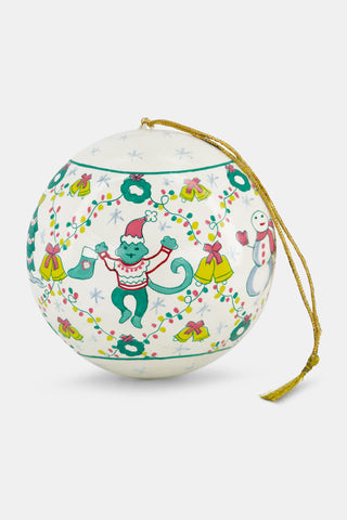 MARTSCRAFTS Deck The Halls Ornament, a white spherical holiday ornament decorated with a dancing monkey in pajamas, a snowman, Christmas bells, and garlands of string lights.