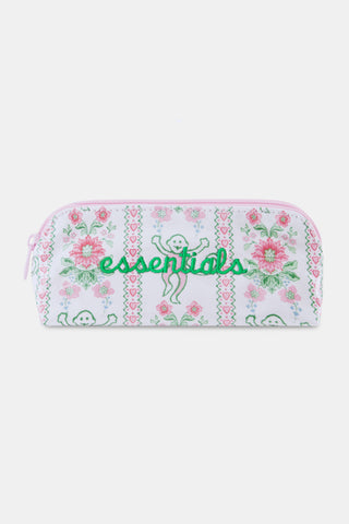 The Roller Rabbit Monkey Block Stripe Makeup Bag is a white zippered pouch with pink trim, decorated with playful pink and green flowers, hearts, and monkeys for a whimsical touch.