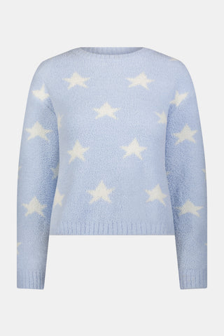 Stars Lettie Pant light blue plush loungewear pants featuring a white star print and a drawstring waistband.
