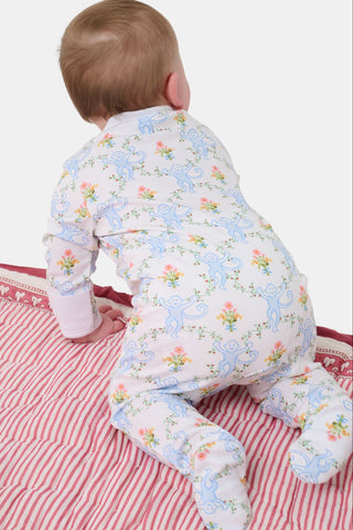 The Roller Rabbit Infant Floral Monkey Trellis Zipper Footie is a long-sleeved, footed onesie made from soft Pima cotton with a blue monkey floral trellis pattern and front diagonal zipper closure.