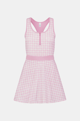 The Roller Rabbit Gingham Hearts Becky Active Dress is a sleeveless pink gingham dress featuring a fitted bodice, zipper front, and flared skirt, crafted from soft peached interlock fabric and shown on a plain white background.