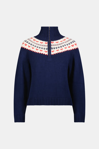 INKASIGN Fairisle Hearts Scarf in dark blue with a cream-colored border, crafted from cotton yarn and made in Peru.