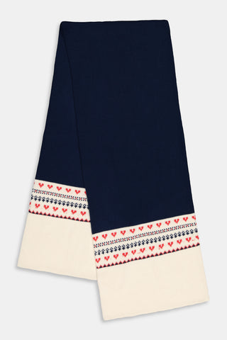 INKASIGN Fairisle Hearts Scarf in dark blue with a cream-colored border, crafted from cotton yarn and made in Peru.