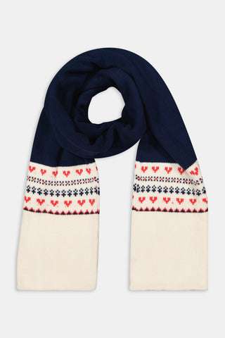 INKASIGN Fairisle Hearts Scarf in dark blue with a cream-colored border, crafted from cotton yarn and made in Peru.