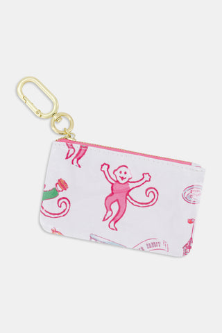 Small white zippered pouch featuring pink and red cartoon monkeys, whimsical designs, and a convenient gold key clip.
