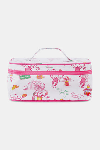 A rectangular white cosmetic bag with pink trim, handle, and zipper, decorated with playful pink monkeys, pizza slices, sweets, and carnival illustrations for a whimsical style.
