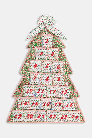 SAPPHIRE Holly Berry Advent Calendar: a tree-shaped 100 cotton calendar with numbered pockets from 1 to 24 and red embroidery.