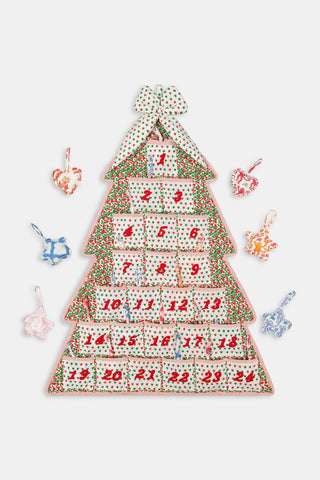 SAPPHIRE Holly Berry Advent Calendar: a tree-shaped 100 cotton calendar with numbered pockets from 1 to 24 and red embroidery.