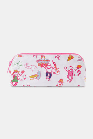 White zippered pouch with pink trim featuring playful pink cartoon monkeys doing activities like playing guitar, eating pizza, and painting, along with colorful kawaii small objects scattered on the fabric.