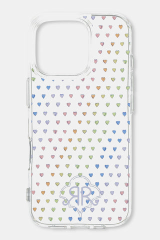 The Disco Hearts iPhone Case by Roller Rabbit features a clear design with multicolored heart patterns and a silver emblem, plus precise cutouts for the camera and fingerprint sensor.