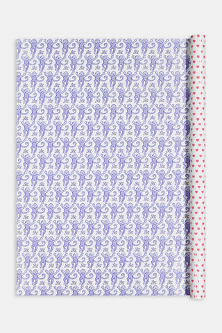 Roller Rabbit Monkey/Hearts Wrapping Paper featuring a double-sided repeating pattern of small pink hearts and a light blue design of monkeys and flowers, perfect for holiday gifting.
