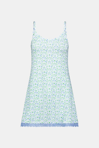The Roller Rabbit Garden Gate Floral Daniela Slip Dress features a sleeveless, knee-length silhouette with thin straps, a blue and green floral Garden Gate print, and blue lace trim at the hem, shown against a plain white background.