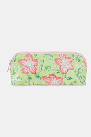 Introducing the Verdant Floral Makeup Bag by Roller Rabbit—a rectangular zippered pouch crafted from cotton canvas, featuring a lush green background adorned with large pink flowers and leafy accents. Water-resistant and stylish, this practical cosmetic bag is perfect for daily use.