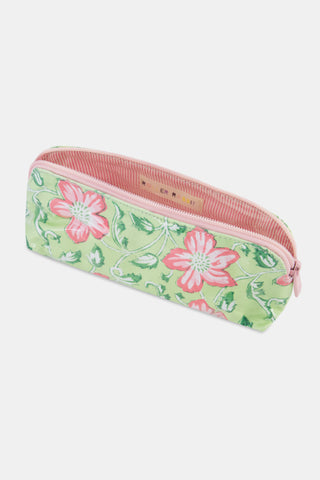 Introducing the Verdant Floral Makeup Bag by Roller Rabbit—a rectangular zippered pouch crafted from cotton canvas, featuring a lush green background adorned with large pink flowers and leafy accents. Water-resistant and stylish, this practical cosmetic bag is perfect for daily use.