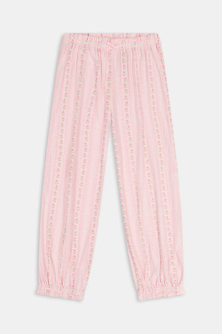 The Kids Daisy Heart Stripe Lucy Pants by Roller Rabbit are crafted from soft Pima cotton genie pant fabric in rose pink, featuring an elastic waistband and cuffs, with a subtle striped pattern and small floral designs throughout—making them a charming addition to girls' fashion.