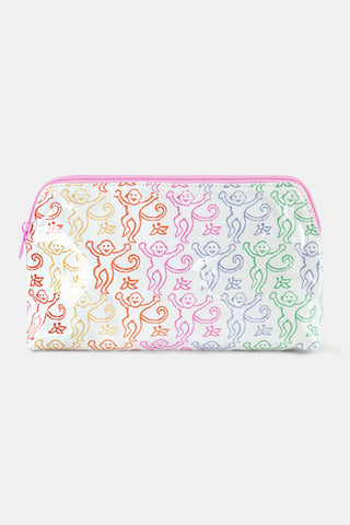 The Disco Monkey Makeup Bag by Roller Rabbit is a white cotton canvas pouch with a water-resistant finish, featuring a playful pattern of green, blue, pink, and red smiling monkeys with curly tails.
