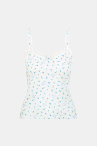 Mini Monkey Blossom Perry Cami by Roller Rabbit, featuring a blue floral print with delicate lace trim at the neckline and thin adjustable shoulder straps, crafted from a soft cotton-modal blend, displayed on a plain light background.