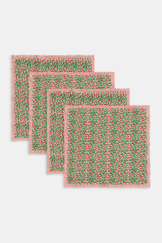 A Holly Berry Napkin Set Of 4 featuring a red berry and green leaf pattern with red-and-white striped borders.