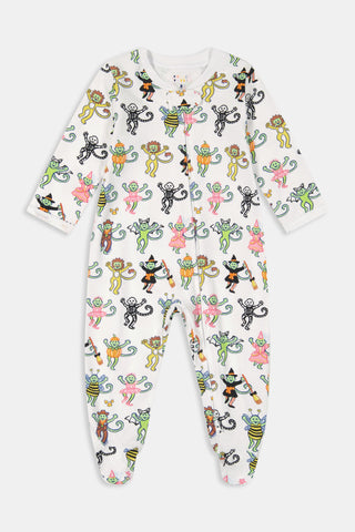 White infant footed onesie featuring playful pink, green, orange, yellow, and black cartoon monkey and cat illustrations, displayed flat on a plain background. Crafted from soft Pima cotton baby pajamas fabric, the Roller Rabbit Infant Boo Crew Zipper Footie is perfect for your little one.