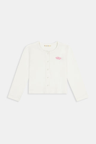 The Roller Rabbit Kids Hearts Pointelle Heidi Cardigan features a white long-sleeve design with playful pink heart details, reminiscent of a classic button-up style, and is displayed against a plain white background.